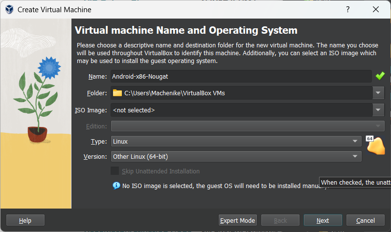 Android-x86 VirtualBox New virtual machine, step 1