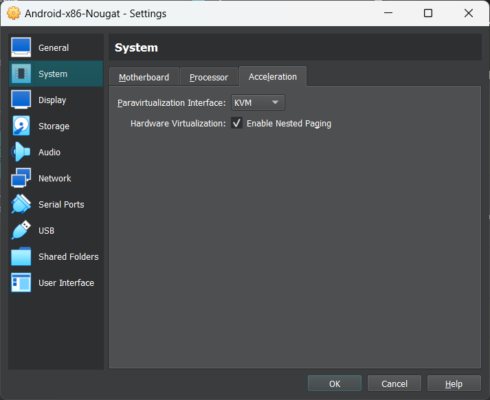 Android-x86 VirtualBox virtual machine settings, step 1