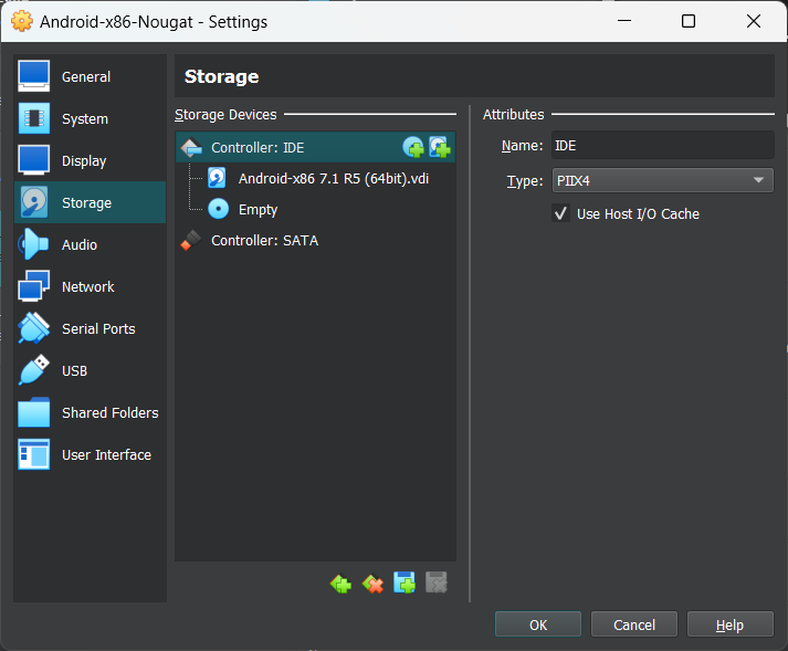 Android-x86 VirtualBox virtual machine settings, step 3